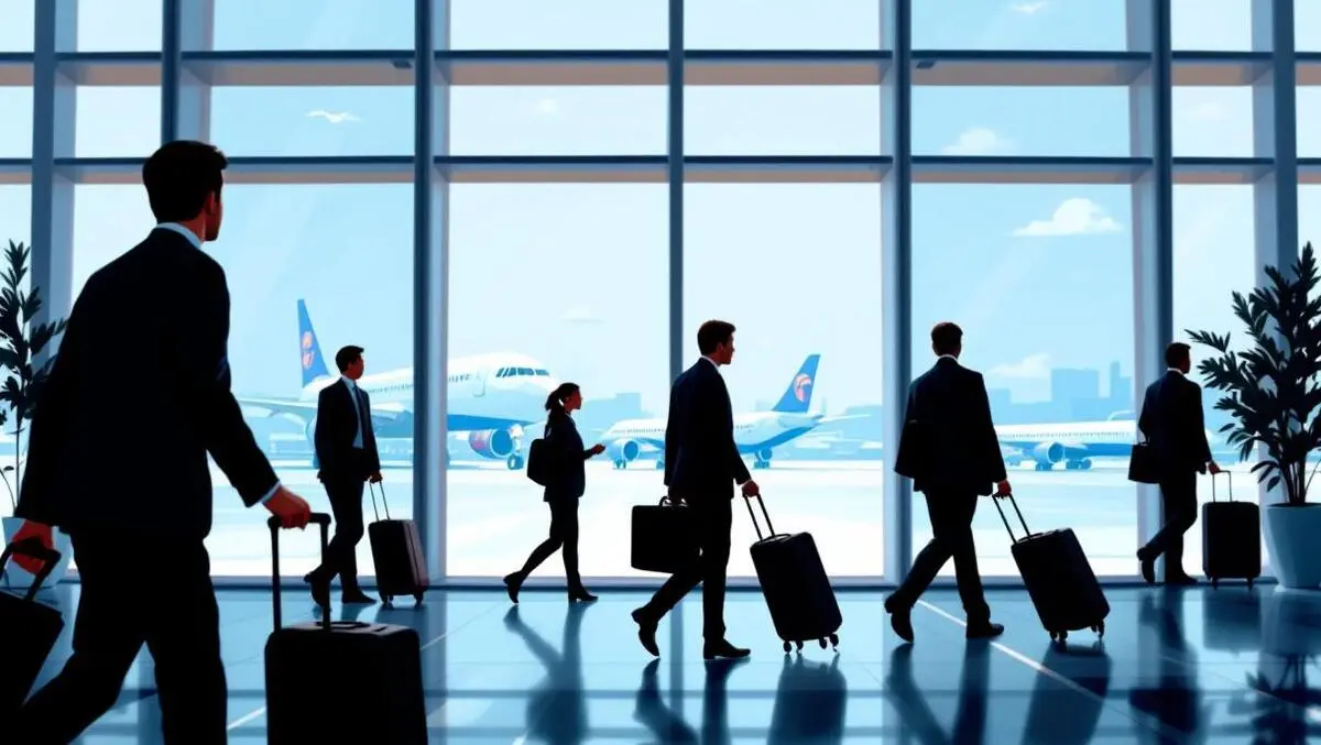 Business people walking airport terminal carrying suitcases airplanes window