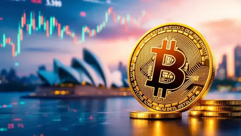 Digital illustration gold bitcoin coin upward arrow sydney opera house stock market