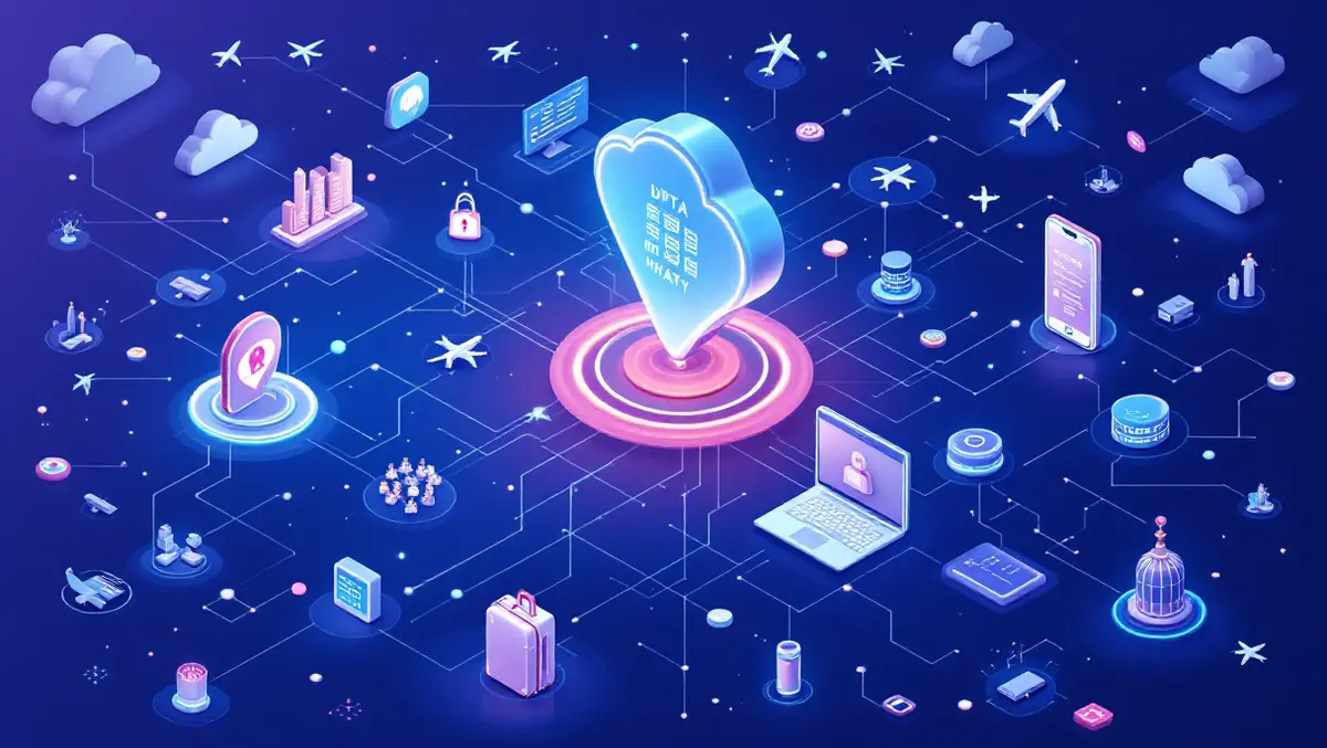Interconnected nodes data flows computers smartphones travel icons australia privacy integration