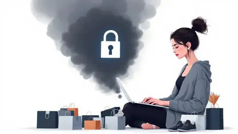 European woman online shopping laptop shopping bags digital lock black friday data privacy