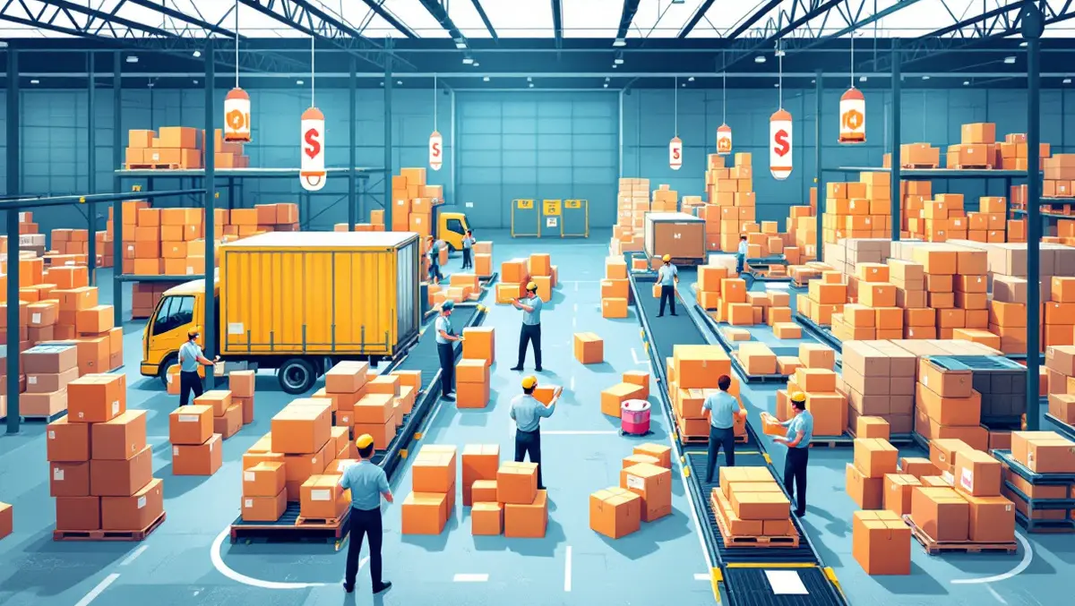 Busy warehouse workers sorting packages conveyor belts trucks logistics peak holiday season