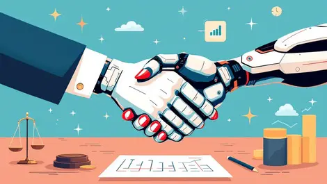 Handshake human robotic arm law finance scales justice financial charts