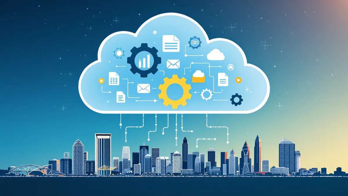 Automated cloud data management icons documents images files gears australian skyline