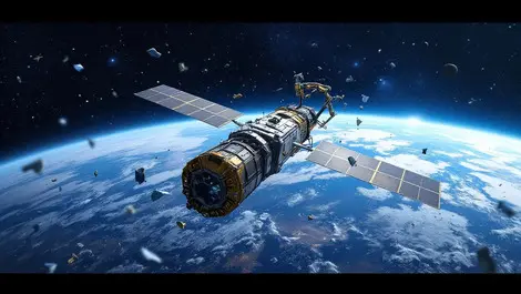 Digital illustration satellite capturing space debris robotic arms earth orbit