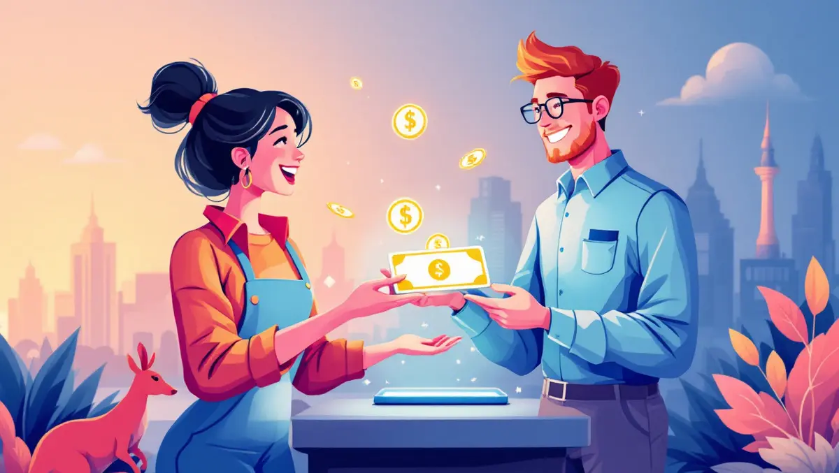 Australian small business owners receiving digital payments with sydney opera house and kangaroos