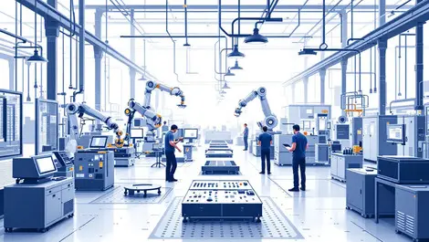 Modern uk manufacturing plant floor robotic arms workers automation integration